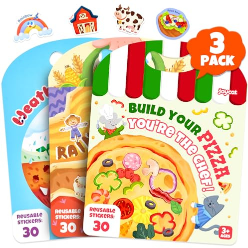 JoyCat Reusable Sticker Book Set, 3-Pack, 90 Stickers, Farm Pizza Weather