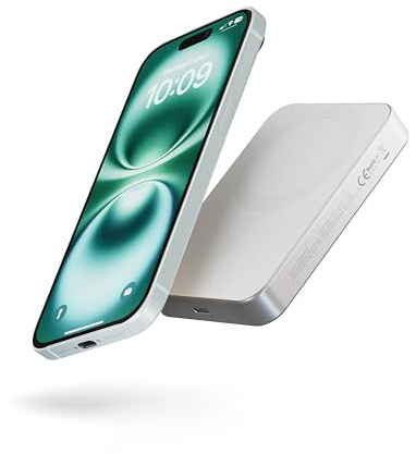 Zens Slim Aluminium Power Bank Qi2 10k mAh, MagSafe 15W Wireless Charger for iPhone Air/17/16/15/14/13/12 and AirPods, Includes 30 cm USB C-C Cable, White