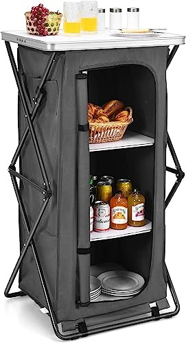 Camping Table, Folding Camping Cupboard, 90cm/120cm Tall Portable Storage Cabinet Organizer with 3 Shelves and Carry Bag, Quick Set-up Kitchen Table for Indoor Outdoor Garden BBQ, Supports 30kg