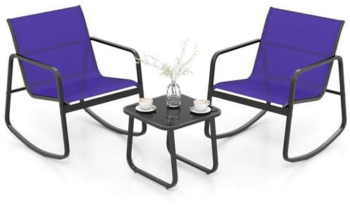 GIANTEX Salon de Jardin 2 Personnes en Tissu Respirant, Table de Jardin Extérieure avec 2 Chaises à Bascule, Petite Table Basse en Verre, Pieds Réglables, Cadre en Métal, pour Balcon, Piscine (Bleu)