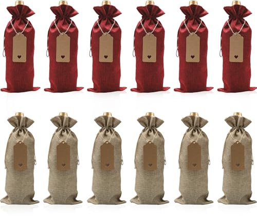 Sacchetti di Vino di tela da Imballaggio, Sacchetti regalo in iuta con coulisse per bottiglie di vino, 12 pezzi, con etichetta e corda di iuta per Natale, matrimoni, viaggi, compleanni, feste