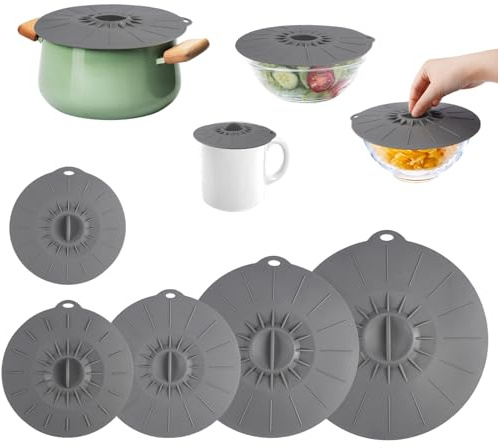 5 Piezas Tapas de Silicona Reutilizables, 5 Tamaños Tapas Con Ventosa, Gris Tapa de Ollas Microondas, Lavables en Lavavajillas, para Cuencos, Sartenes, Platos, Tazas, Latas, Hornos, Refrigeradores