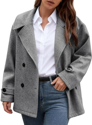 Generisk damvinterkappa av ull, löst skuren, kort, dubbelknäppt, elegant, kort blazer, ullblandning, GRÅ, L