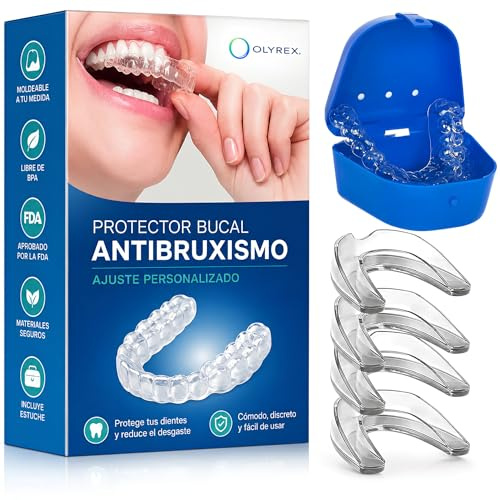 Ferula Descarga Bruxismo 4 Piezas 2 Tamaños – Protector Bucal para Bruxismo y Antironquidos – Férula Dental Noche Ajustable, Moldeable y Reutilizable – Protección contra Rechinar de Dientes – OLYREX®