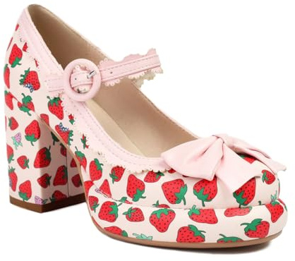 Scarpe Donna Mary Jane Heels Chunky Platform Pumps Cute Strawberry Print Pois Color Block Fiocco Retro Lolita Style Comfort Scarpe Eleganti per Cosplay Festa Daily Wear Casual Fashion