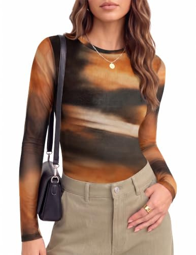 Ekouaer Women's Mesh Long Sleeve Tops Sheer Thermal Shirt Dye Printed S