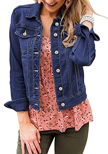 LookbookStore Denim Jacket for Women Spring Clothes Classic Trucker Jackets Basic Long Sleeves Button Down Fitted Stretchy Jean Jackets for Women Blue Denim Size XL Size 16 18