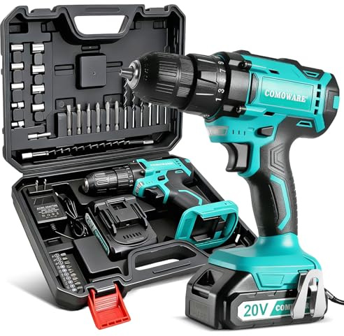 COMOWARE 20V Cordless Drill, Electric Power Drill Set with 1 Battery & Charger, 3/8” Keyless Chuck, 2 Variable Speed, 266 In-lb Torque, 25+1 Position and 34pcs Drill/Driver Bits