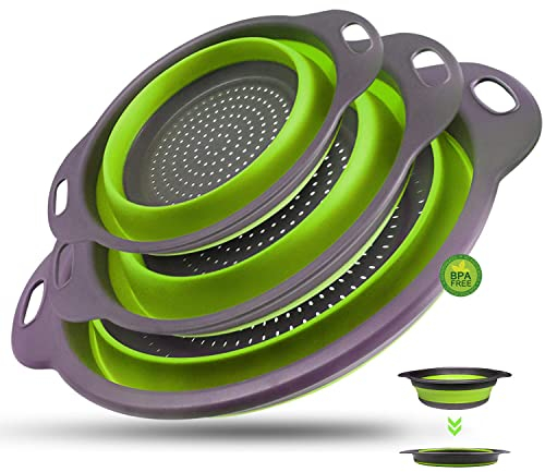 Walfos Scolapasta in Silicone Pieghevole, Set 3 pezzi grande 25/29/34 CM Cucina Pieghevole sopra Il Lavandino del Silicone Colander/Setacci, Scolapasta SiliconeLavabili in Lavastoviglie, Verde