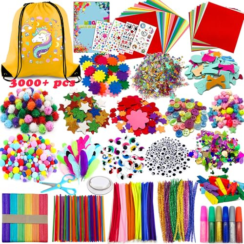 Chennyfun 3000pcs+ Arts and Crafts Supplies for Kids, Craft Art Kits for Toddlers with Unicorn Storage Bag, All in One D.I.Y. Crafting Set Includes Pom Poms, Feathers, Beads, Supply for Kids Ages 4-12