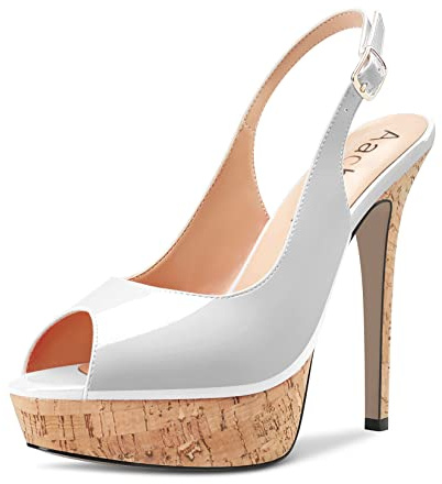 Aachcol Femmes Plate-Forme Escarpins Slingback Rond Ouvert Bout Sexy Lanières Cheville Aiguille Haut High Talon Heel Dress Chaussures Escarpins Party Mariage Vernis Blanc 13 CM 38 EU