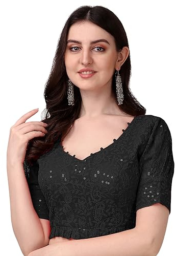 Pujia Mills Georgett Lucknowi broderi puff ärm knyt upp blus (Lucknowi Tie), Svart, 38