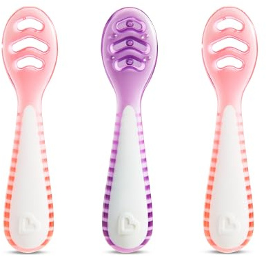 Munchkin Gentle Dip Multistage First Spoons| Weaning Spoons for Babies 4+ Months | Ideal for Baby-Led Weaning | Ergonomic Design | BPA-Free | Pink & Purple | 3 Pack