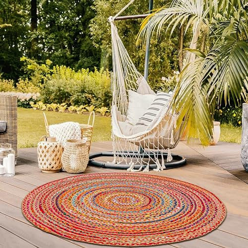 Hausattire Geflochtener böhmischer Teppich, 122 cm, rund, mehrfarbig, kreisförmig, Bauernhaus, Jute, Baumwolle, Flickenteppich für Küche, Kinderzimmer, Spielzimmer, bunt, handgewebt, wendbar,