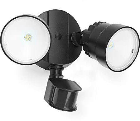 LUTEC Shrimp 12W PIR LED Security Light 1250LM 5000K Outside Lights With Sensor Outdoor Wall Lights Integrated Twin Heads Flood Light, Exterior for Patio, Garden, Yard Black