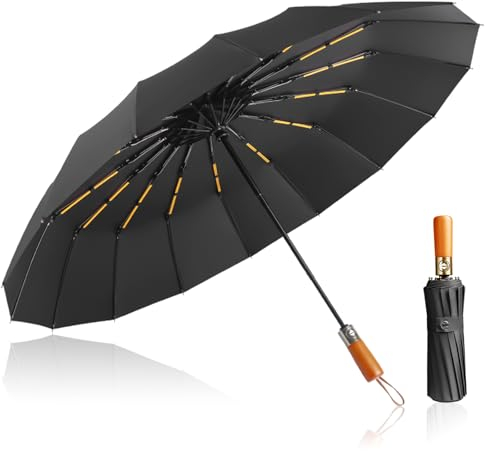 MidingChai Parapluie Pliant, Parapluie Solide, Parapluie Anti Tempete, Parapluie Resistant Vent Fort Poignée en Bois Véritable, Parapluie Automatique avec 10 Nervures pour Homme et Femme, Noir