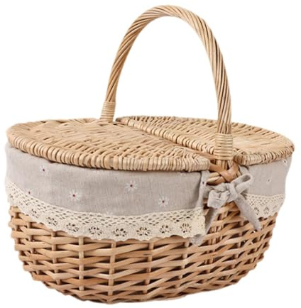 KESOTO Cesta de Mimbre para Picnic con Tapa y Asa, Almacenamiento Tejido, Gris Beige