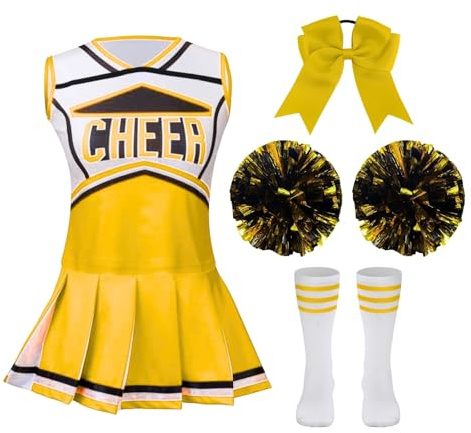HAPNBCELE Cheerleader Costume for Girls, Cheerleading Outfit with Bow, Pom Poms, Socks Cheer Uniform Halloween Birthday Party
