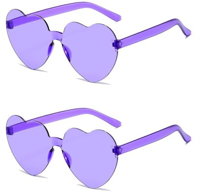 QLEUIFT Lot de 2 lunettes de soleil surdimensionnées en forme de cœur multicolores sans monture pour femme, Accessoires photo, accessoires de fête à la plage, Violet