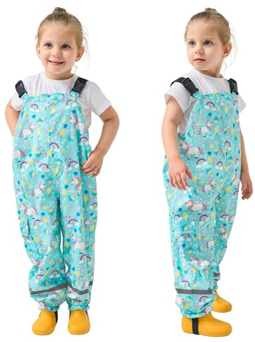 Domueay Kids Waterproof Trousers Girls Rain Dungarees Breathable Lightweight Rain Over Trousers Windproof Rain Pants Outdoor Reflective Mud Pants for Children 5 Years, Green