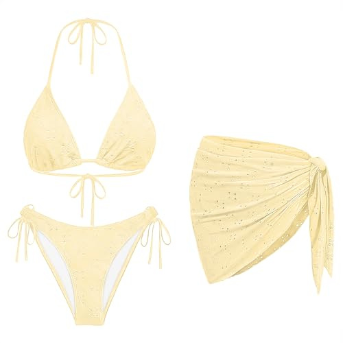 Light Yellow Women 3 Piece Swimsuits - Sexy Triangle Bikini Sets with Cover Up Halter String Tie Side Bathing Suits M