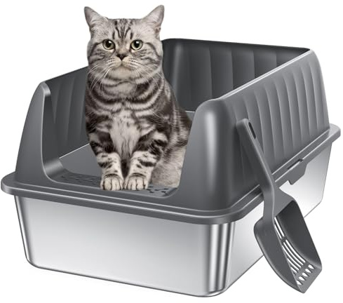 Stainless Steel Litter Box 10in Enclosed Cat Litter Box with High Sided Lid Odor Control Non-Stick Easy Clean Low Entry Anti-Tracking Litter Box for Kittens & Small Cats