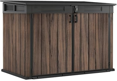 Keter Signature Gartenschrank, wetterfest, 2020 L Stauraum, abschließbar, mit Gasdruckfedern, Rosenholz-Optik, 190,5 x 109,3 x 132,5 cm, Mülltonnenbox für 2X 360l Tonnen