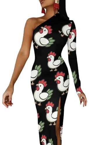 Lindo vestido de pollo con hombros descubiertos para mujer, vestido largo de media manga con abertura, vestido de cóctel, Estilo:, M