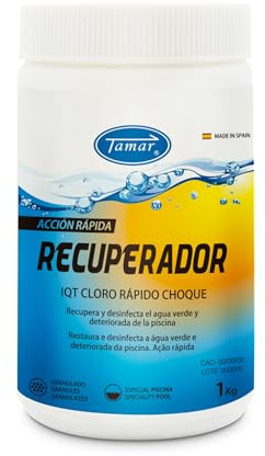 Tamar Cloro Recuperador para Piscinas en Grano, recupera Piscina Verde, desinfectante, clarificante, alguicida, disolucion rapido, granulado, Efecto Choque 1 Kilo.