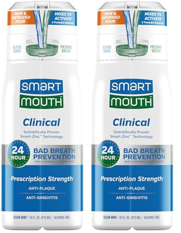 SmartMouth Clinical Zinc Activated Mouthwash - Anti-Plaque & Anti-Gingivitis for Healthy Gum Support - All-Day Fresh Breath - Alcohol-Free, Sugar-Free, & Gluten-Free - Clean Mint - 16 fl oz (2 Pack)