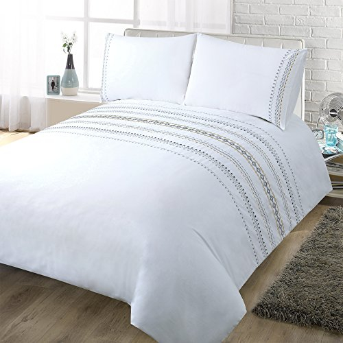 YINFUNG Kingsize Duvet Cover Sets White Bedding Cotton Duvet Cover Sets Geo Striped Embroidered Textured Luxury Quilt Cover with 2 Pillow Cases (White, King 230x220 cm)