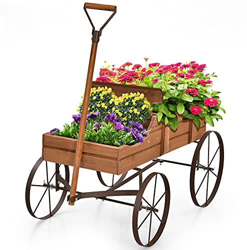 RELAX4LIFE Carriola Porta Fiori/Carrello dei Fiori/Fioriera in Legno di Abete con Ruote e Maniglia Regolabile e Portata di 15 kg, per Esterno e Interno (62x34x60 cm, Marrone)