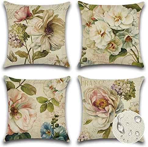 JOTOM Outdoor Waterproof Cushion Covers 45x45 cm Floral Decorative Throw Pillow Covers Outdoor Cushions Patio Garden Pillow Cases for Bench Sofa Living Room Indoor Decoration Set of 4 (White Flowers)