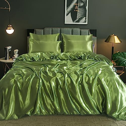 ROOEE Set completo di biancheria da letto in raso di seta, 6 pezzi, lenzuolo con angoli, copripiumino, 4 federe. Colore: verde oliva. Dimensioni: matrimoniale