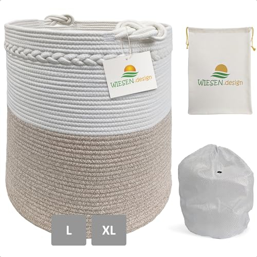 WIESEN.design Korb KNUT Ø41xH46 cm Hellbraun/Weiß/61L, Wäschekorb geflochten aus Baumwolle, Wäschesammler, Aufbewahrungskorb groß, Korb geflochten, faltbarer Wäschekorb, Wäschetonne, laundry basket