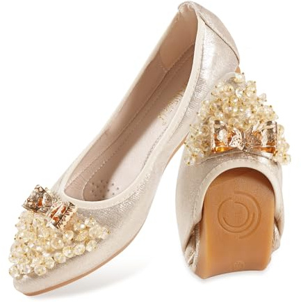 MACHSWON Ballerines plates confortables pour femme avec fleurs scintillantes et strass à bout pointu, Or 7., 41 EU