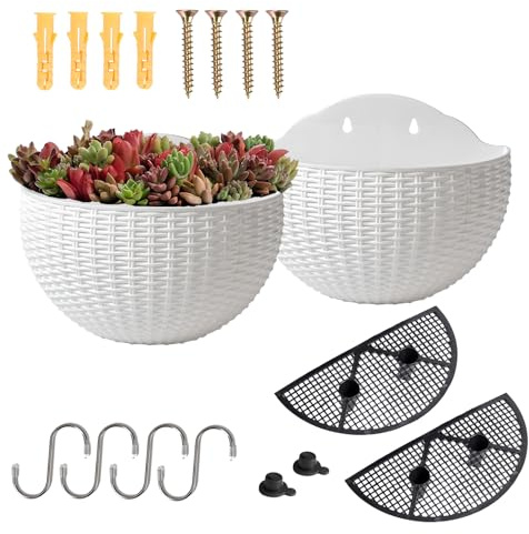 YuanDiann Wandmontage Blumentopf Halbrunder Rattanimitat Hängender Blumenkorb Balkon Innen Außen Garten Deko Pflanzgefäß Blumenampel Selbstbewässerung mit Wasserspeicher Weiß 2 Pack L