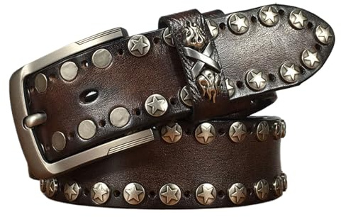 JIARY Cinturones Hombre Rivet, Cinturon Remache Ajustable Retro Punk Rock, Cinturón Occidental Tachonado de Cuero Genuino con Hebilla de Metal Aleación,Marrón,120CM/47.3''