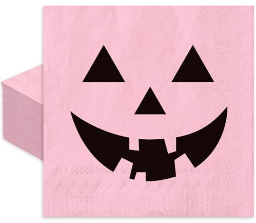 JarThenaAMCS 50 Stück Halloween-Cocktail-Servietten, Grimasse, Kürbis, Einweg-Papierservietten, rosa und schwarz, Getränke-Servietten für Zuhause, Küche, Urlaub, Partyzubehör