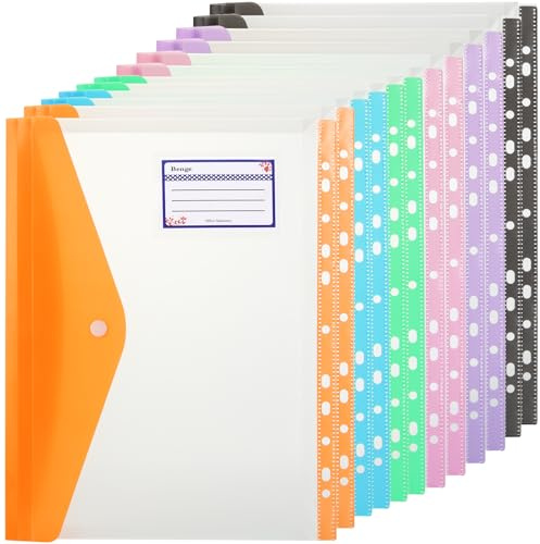 ASelected 12Pcs A4 Plastic Wallets, Punched Pockets Document Folder Popper 11 Hole Binder Files with Pockets for School, Office, Home, Travel 6 Colors