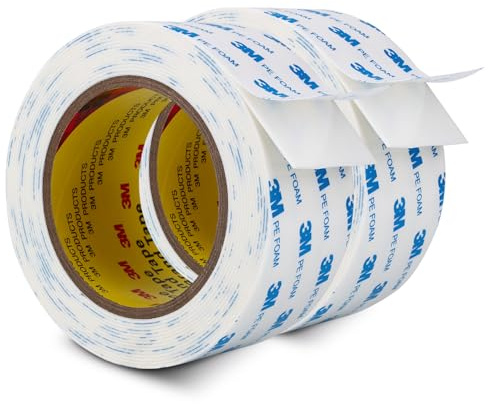 Bulina Nastro biadesivo 1600T Nastri adesivi in ​​schiuma PE extra resistenti 50 mm × 5 m 2 rotoli Nastro in tessuto spesso 1,1 mm Resistente impermeabile per interni Fai da te Fissaggio