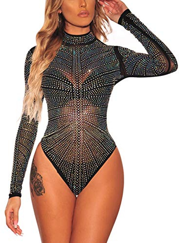 MAYFASEY Dambodys sexig långärmad mesh transparent jumpsuit body top, E-svart, L
