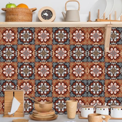 Tile Stickers 20x20 cm Retro Red Grey Self Adhesive Wall Tiles Waterproof Stick on Tiles Bathroom Kitchen Tile Stickers Stick on Wall Tiles Decor Self Adhesive Tiles 10 Pcs
