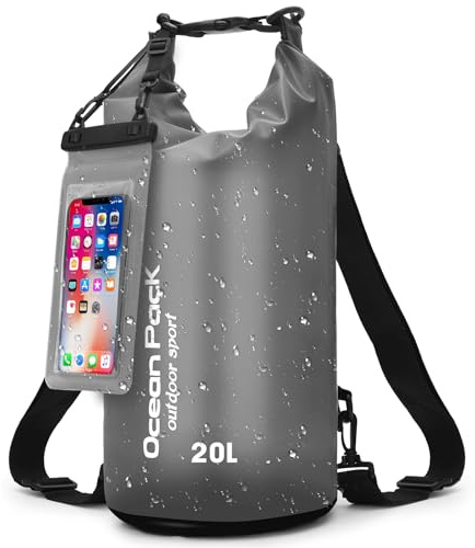 Vattentät Väska med Mobilfodral & Bärremar - Vattentät Väska för Outdoor, Camping & Vattensport | 5L, 10L, 20L | Ultralätt & Slitstark | Dry Bag Bolsa impermeable (Svart, 20 L)