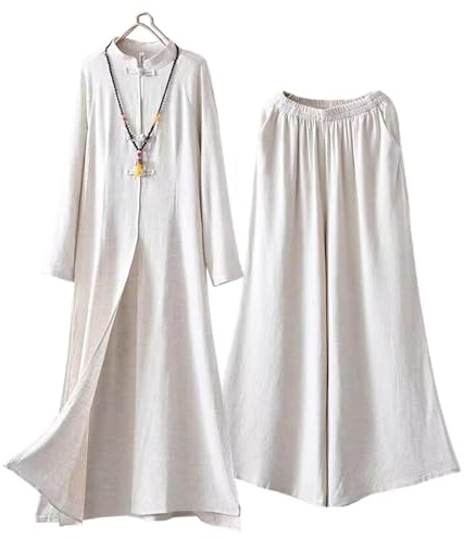 Women Zen Meditation Clothing,Chinese Traditional Tai Chi Suit Cotton Linen Martial Arts Set Long Sleeves Dress + Pants,Cream-XXL