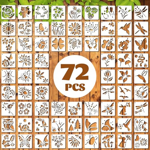 Set di 72 stencil botanici, stencil riutilizzabili per pittura con farfalle e fiori, foglie, libellula, kit fai da te con fiori selvatici per decorazioni murali, arte in tessuto