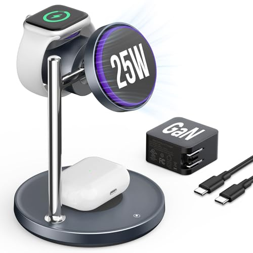 SODI Qi2 25W Wireless Charger, 3 in 1 Charging Station with Cooling Fan, Magnetic Qi2.2 Wireless Charger Stand, Compatible with iPhone 17/16/15/14/13/12, Apple Watch, AirPods (GaN Adapter Included)