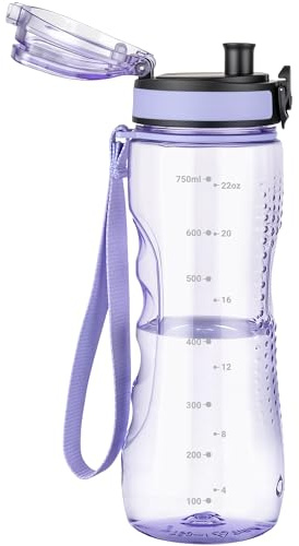 OLDLEY 750ml/25oz Sports Water Bottles, BPA Free Drinking Bottles for School Plastic Clear Water Bottle Leakproof & Filter & No Straw & Time Markings for Gym Sports Cycling (Transparent Purple)