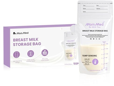 MOMMED 50pcs Breast Milk Storage Bags, 180ml/6oz BPA-Free Breastmilk Bags with Pour Spout, Temp-Sensing Discoloration, Double-Zip Leakproof Freezer Milk Bags, Pre-Sterilised Self-Standing Pouches
