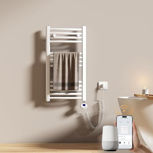 EMKE WiFi Badheizkörper Elektrisch 750x400 mm - Gebogen Handtuchheizkörper Elektrisch, Elektrischer Handtuchwärmer Handtuchtrockner Handtuch Heizkörper Bad mit Thermostat und Heizstab - 300W, Weiß